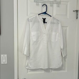 Olsen White Women's Split-Neck Linen Blend Shirt